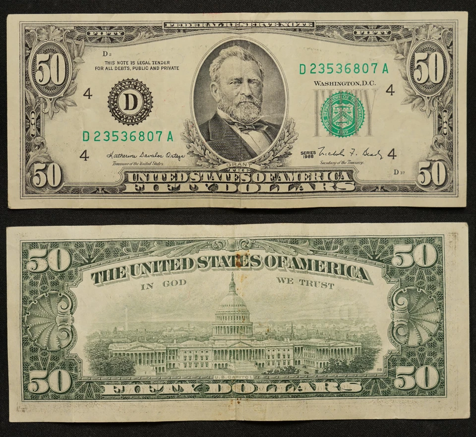 🇺🇸 U.S. 50 Dollar Bill Banknote 1988 Cleveland D FRN F-VF P-484 - Image 1 of 1