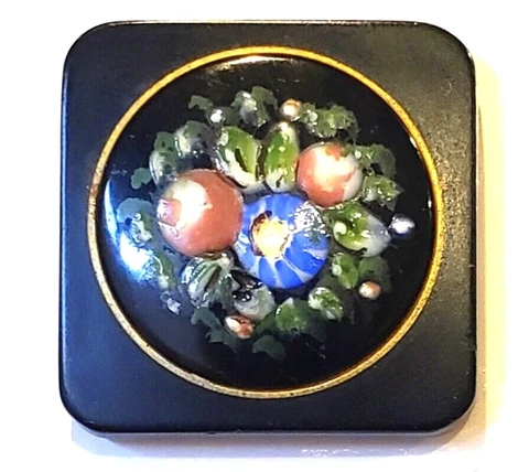 Antique Button Black Glass Square w Colorful Enamel Flowers Cover