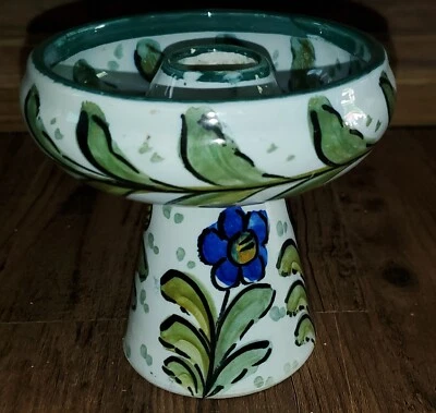 Made In Spain Hand Painted White Green Blue Flower Candlestick Candle Holder *22 - Image 1 of 4