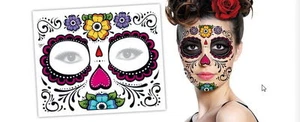 Day of The Dead Floral Dia De Los Muertos Halloween Zombie Face Tattoo USA Ship - Picture 1 of 1