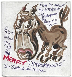 Original Tom Webster Kunstwerk Zeichnung Weihnachtskarte Sir Stafford Cripps Cartoon - Bild 1 von 3