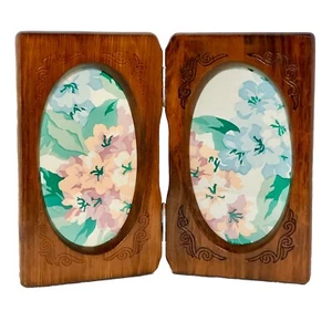 Vintage 1980s Wood Oval Double Picture Frame Photo Bifold CottageCore 4.25x7” - Picture 1 of 8