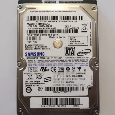 Samsung HM040GI (HM040G1/D) REV.B FW:AA100-12 M80S 40gb 2.5" Sata HDD 2007.05 - Image 1 of 3