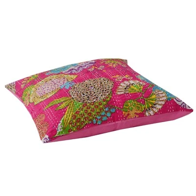 Sanskriti New Pure Cotton Pink Sets Of 2 Cushion Case Sham Handmade Kantha Decor - Image 1 of 4