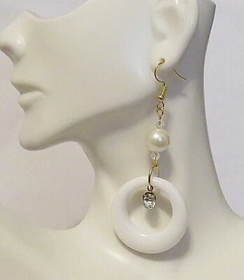 Acrylic White Hoop Crystal Accent Earrings 2 1/2" Gold Lead & Nickel Free Hook - Image 1 of 2