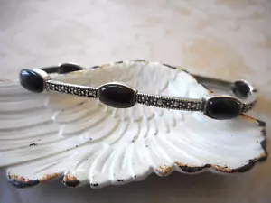 Lovely Sterling Silver Marcasite & Black Onyx Link 7.5" Bracelet RE33TRE - Picture 1 of 11