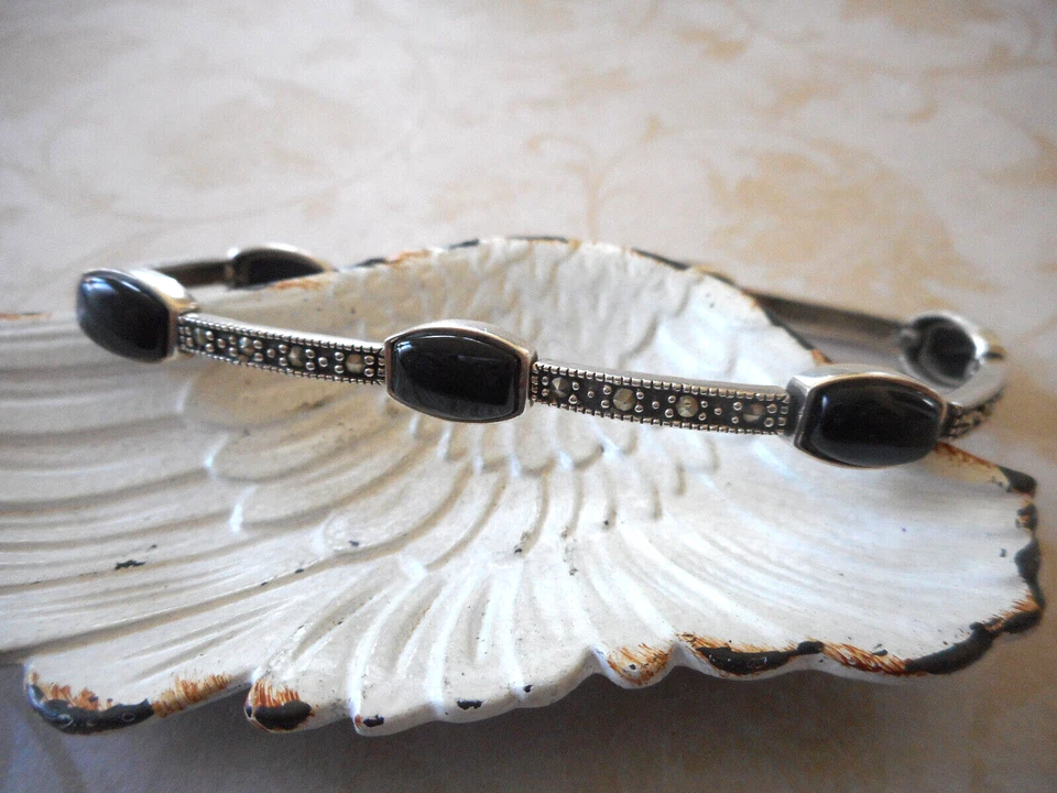 Precioso brazalete de plata de ley de marcasita y eslabones de ónix negro de 7,5" RE33TRE Foto 1 de 4