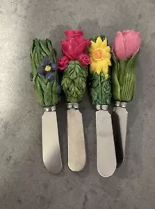 Butter Spreader Set Of 4 With Ceramic Flowers On Top Rose Sunflower Tulip - Picture 1 of 5