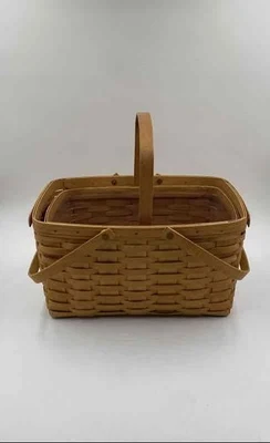 Longaberger Brown Wood Handwoven Baskets With Handle Lot Of 2 - Image 1 of 4