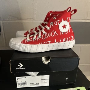 Converse High Not A Chuck Youth Size 4 Red White Canvas Spellout Shoe 271965C - Picture 1 of 5