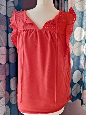 MONSOON BLOUSE TANK TOP TERRACOTTA CORAL SPICE RED MED FRILLS BRODERIE 12UK 40EU - Image 1 of 4