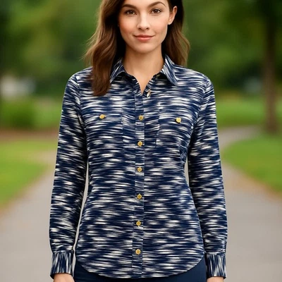 Tory Burch SZ 10 Cotton Brigitt Blouse Navy Space Dye With Gold Logo Buttons  - image 1 of 4