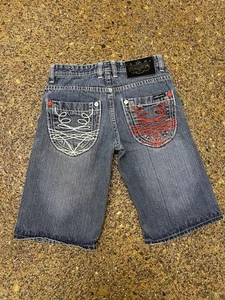 Denim Jeans Shorts Jorts Boys Size 8 VTG Y2K 90s Baggy Embroidered Grunge Emo - Picture 1 of 3