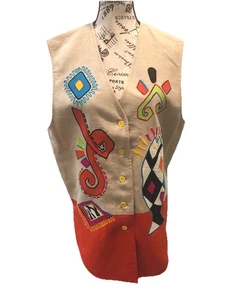 IB Diffusion Sz 12 Linen Blend Vest Folk Art Boho Hippie Artsy Beach Festival - Picture 1 of 5
