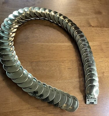 True Vtg 1970s Stretch Gold Hammered Coin Snake Belt Boho Disco Glamour 24"  - Image 1 of 4