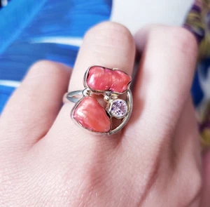 Vintage Sterling Silver Pink Pearl CZ Ring Size 7 Womens Artisan Modernist Boho - Picture 1 of 7