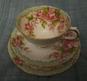 Seltenes hübsches Vintage Delphine English Bone China Trio Pinks & Greens 'Orchard' X4 - Bild 1 von 7