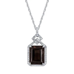 Collar de halo de cuarzo ahumado y diamantes de 1/4 quilates de oro blanco genuino corte esmeralda - Imagen 1 de 4