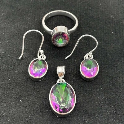 Juego de pendientes de anillo hechos a mano de plata esterlina maciza 925 con topacio arco iris KJ-724 Foto 1 de 4