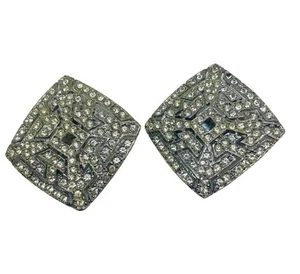 Mid Century Square Rhinestone Clip on Earrings Estate Find For Bride Prom Formal - Picture 1 of 9