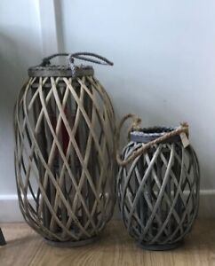 Antique Wash Wicker Candle Lantern Rope Handle Rustic Willow Shabby Chic Gift