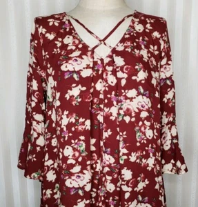 Umgee Womens Sz S Boho Swing Dress Bell Sleeve Criss Cross Front Maroon Floral - Picture 1 of 7