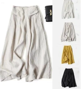 Damenhose lose elastische hochtaillierte Unterseite lässig breites Bein Baumwolle Leinenhose - Bild 1 von 24