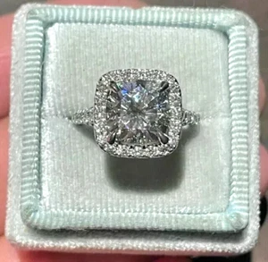 2Ct Cushion Cut Simulated Diamond Engagement Halo Ring 14K White Gold Plated - Picture 1 of 6