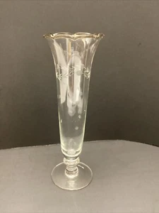 Etched Bud Vase Clear Glass Trumpet Fluted 8 1/2" Tall Leaf Dots Vtg Granny Core - Picture 1 of 21