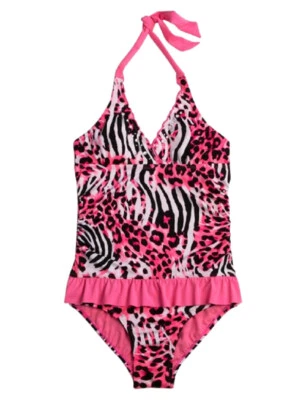  Traje de baño Justice for Girls neón mezclado estampado animal gema halter 1 pieza talla UPick Foto 1 de 2