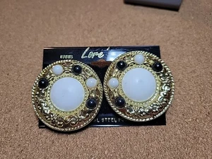 Vintage Lore' Paris Ohrringe Clip On Cabochon goldfarben 80er schwarz weiß - Bild 1 von 6