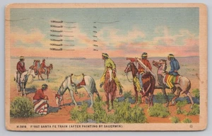 Primer tren de Santa Fe nativos americanos observando pintura Fred Harvey arte postal - Imagen 1 de 2