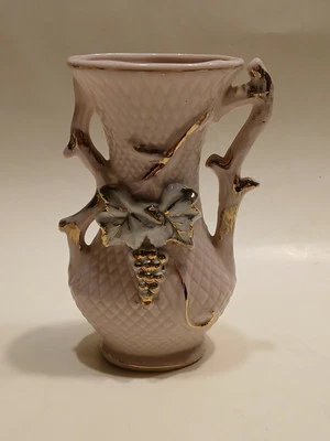 Jarrón Vintage Suave Rosa y Blanco Uvas y Hojas Porcelana Borde Dorado 5" Alto Foto 1 de 4