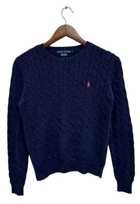 Polo Ralph Lauren Sport Feminino M Azul Marinho Suéter de Malha de Cabo Rosa Logotipo Pônei Algodão - Imagem 1 de 4