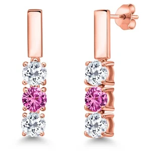 1.75 Ct White Topaz Pink Created Sapphire 18K Rose Gold Plated Silver Earrings - Picture 1 of 6