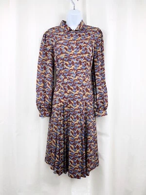 Vestido Brooks Brothers 100 % seda estampado ciervo, manga larga, plisado, blusa talla 6 Foto 1 de 4