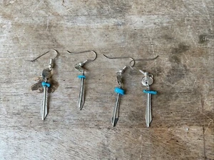 Sterling Silver Feather Earrings With Turquoise Bead 2 Pair Set Pierced Earring - Picture 1 of 4