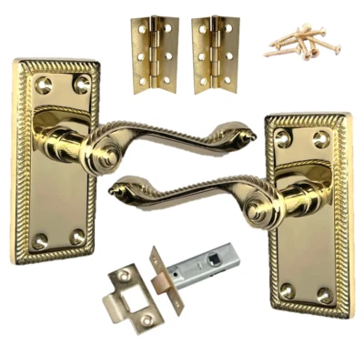 Georgian Handle Latch Door Handles Brass, Pair of 3" Hinges & Latches Pack Sets - Image 1 of 4