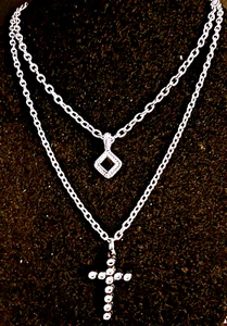 Silver Tone Chain with Small Silver Dimond and Cross Pendants X 2 - Picture 1 of 5