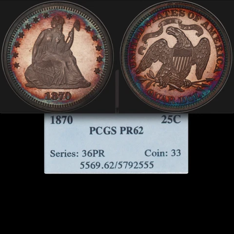 1870 PCGS PR62 Mintage 86,400+ 1,000 Proof GORGEOUS 1998-Slab Seated Quarter 25C Cover