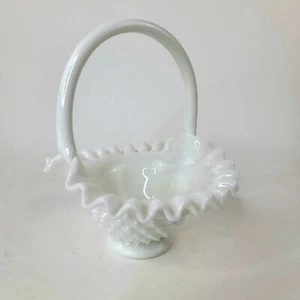 Vintage Fenton Milk Glass Hobnail Ruffled Basket, 7 1/4" x 6" x 8" - Picture 1 of 4