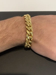 Miami Cuban Link Bracelet 18k Gold Vermeil Stainless Mens Hip Hop 14mm Box Clasp - Picture 1 of 12