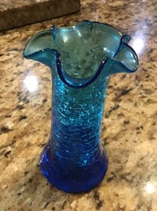 MCM Vintage Hand Blown Crackle Glass Deep Blue Fluted Vase 5” Pontail Blinko ? - Picture 1 of 9