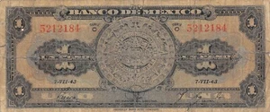 Mexico 1 Peso 7.7.1943 Series O Prefix - Circulated Banknote Top11 - Picture 1 of 2