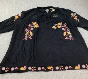 Southern Stitch Peasant Top Blouse Size L Black Boho Embroidery Lace Floral - Picture 1 of 13