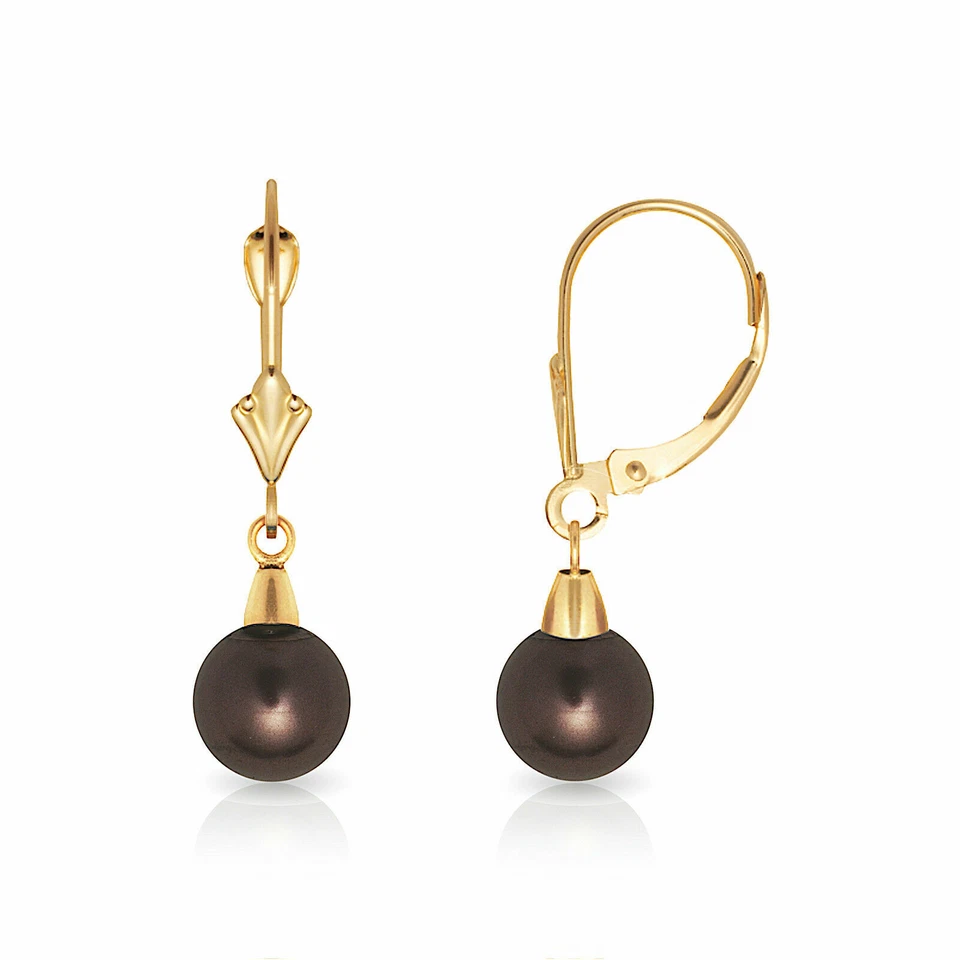 14K Yellow Gold 7MM Black Pearl Lever Back Dangle Drop Earrings  - Image 1 of 1