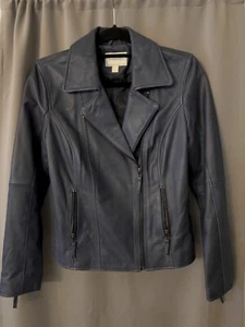 NWoT Charter Club Women's Blue Zip Leather Moto Leather Jacket Size S (W60159) - Picture 1 of 14