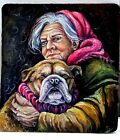 Original Ukrainian oil painting Old dog grandmother, People Pet Portrait Ukraine