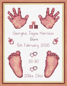 Dusky Pink Baby Girl Birth Sampler, Hands & Feet Cross Stitch Kit 6"x8" 16 Count - Picture 1 of 3
