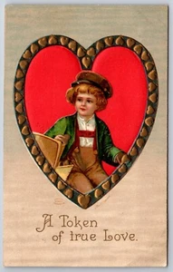 EH Clapsaddle Valentine~Boy In Red Suspenders In Heart w/Gold/Green Border~1911 - Picture 1 of 2